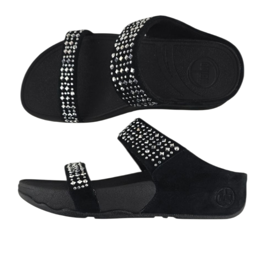 FITFLOP Women's Black Novy Suede  Rhinestone Studded Slide Sandal Platform Sz 6